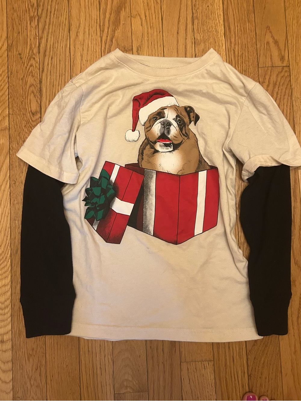 Boys Children’s Place Christmas Bulldog Puppy Santa Gift Thermal Sleeve T-Shirt
